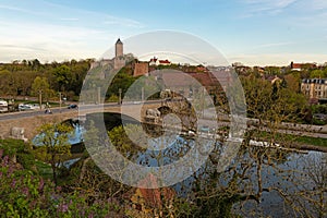 view to the old Giebichenstein Castle and Bridge over the river Saale in Halle