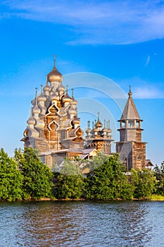 View to old monastery Kizhi Pogost, wooden Temple and Churchyard. Church of Transfiguration, bell tower in summer at