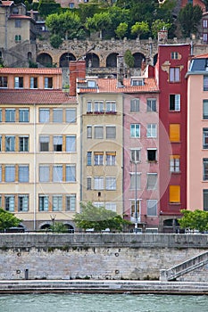 View to the old narrow houses across the river in Europe