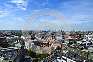 View to old town, with many buildings, roofs and spires of the Bavarian capital, Munich, Germany