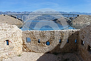 View to Pag bridge from the ruins of fortica on Pag Island Croatia