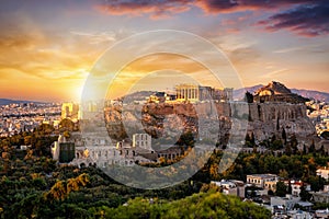 View to the Parthenon Temple at the Acropolis of Athens, Greece