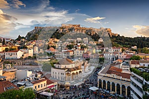 View to the Parthenon Temple of the Acropolis and the old town, Plaka of Athens, Greece