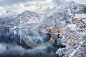 View to the picturesque village of Hallstatt in the Austrian Alps during winter time