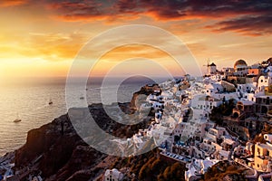 View to the picturesque village of Oia on Santorini island, Cyclades, Greece