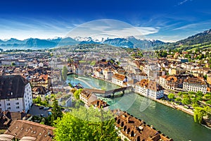 View to Pilatus mountain and historic city center of Luzern, Switzerland.