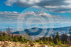 View to Pilsko and Babia Gora from Trzy Kopce hill in Beskid Slaski mountains in Poland