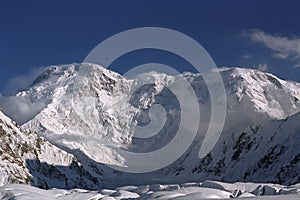 View to Pobeda peak 7439m from the South Inylchek Glacier on Tien Shan.