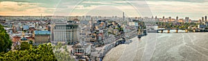 View to Podil District in Kyiv City from the Pedestrian Bridge in the evening