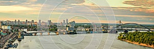 View to Podil District in Kyiv City from the Pedestrian Bridge in the evening