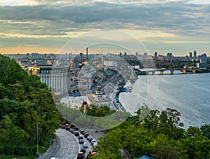 View to Podil District in Kyiv City from the Pedestrian Bridge in the evening