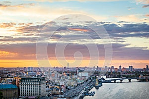 View to Podil District in Kyiv City from the Pedestrian Bridge in the evening