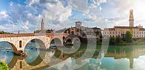 View to the Ponte Pietra Bridge in Verona, Veneto, Italy,