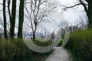 View to the port of Hamburg from the park