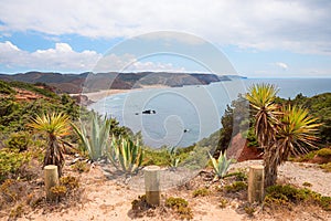 view to Praia do Amado, sandy beach Algarve Portugal, mediterranean landscape