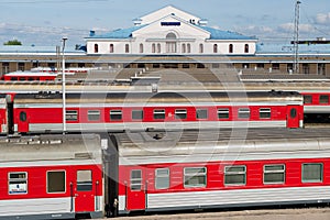 View to the railway station with ready to depart trains in Vilnius, Lithuania.