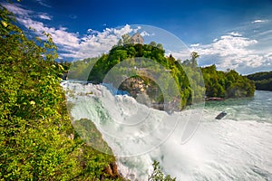 View to Rhine falls (Rheinfalls), the largest plain waterfall in Europe. It is located near Schaffhausen, Switzerland