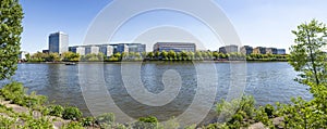 View to river main banks at Frankfurt in west harbor area