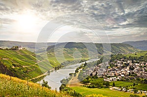 View to river Moselle and Marienburg Castle near village Puenderich - Mosel wine region in Germany