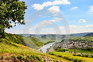 View to river Moselle and Marienburg Castle near village Puenderich - Mosel wine region in Germany