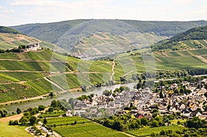 View to river Moselle and Marienburg Castle near village Puenderich - Mosel wine region in Germany