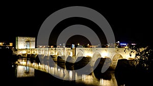 View to Roman bridge in Cordoba at night, Andalusia Spain