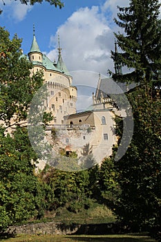 View to romantic Bojnice castle with garden in Bojnice