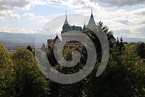 View to romantic Bojnice castle with garden in Bojnice