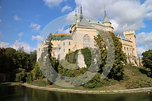 View to romantic Bojnice castle with garden in Bojnice