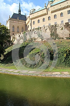 View to romantic Bojnice castle with garden in Bojnice