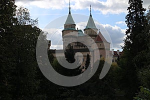 View to romantic Bojnice castle with garden in Bojnice