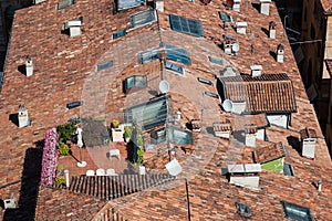 view to rooftop of historic houses from Torre dei Lamberti in Verona