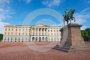 View to the Royal palace with the statue of King Karl Johan at the foreground in Oslo, Norway.