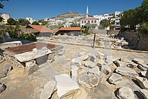 View to the ruins of the Mausoleum of Mausolus, one of the Seven wonders of the ancient world in Bodrum, Turkey.