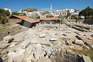 View to the ruins of the Mausoleum of Mausolus, one of the Seven wonders of the ancient world in Bodrum, Turkey.