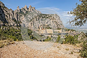 View to The Santa Maria de Montserrat Abbey and mountains, Catalonia, Spain