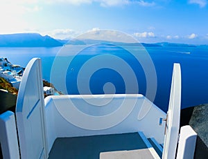 View to the sea from Oia village of Santorini island in Greece