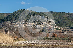 View to Seguret medieval village and grape rows, Provence