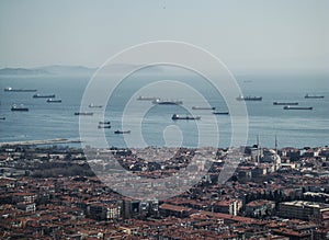 View to ships waiting in Marmara Sea to go to Bosphorus Istanbul Turkey