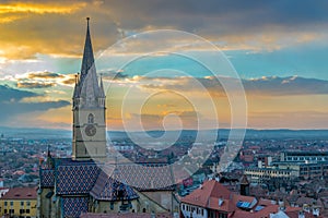 A view to the Sibiu Lutheran Cathedral of Saint Mary in the Transylvania region, Romania