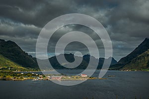 View to Sildpollnes church and mountains, Lofoten Islands photo