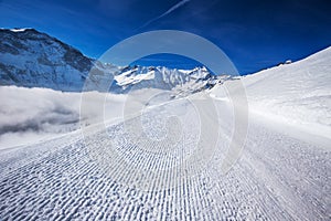 View to Ski slopes with the corduroy pattern in Elm ski resort,