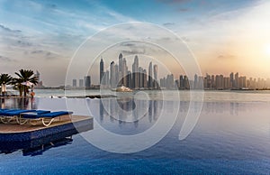 View to the skyline of Dubai Marina during sunset