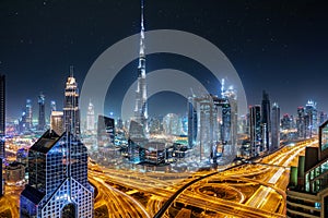 View to the skyline of Dubai during the night