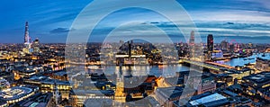 View to the skyline of London by night