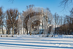 View to Smolny Cathedral from Smolny park. Sunny winter day. Sankt Petersburg, Russia