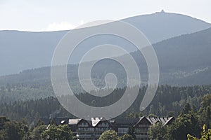 View to Sniezka, highest mountain of the Silesian Ridge in the Giant Mountains from Karpacz, Poland