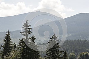 View to Sniezka, highest mountain of the Silesian Ridge in the Giant Mountains from Karpacz, Poland