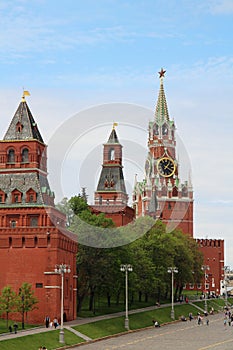 View to Spasskaya tower and the Moscow Kremlin from Basil`s descent