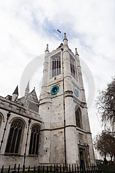 A view to St Margaret`s Church from Parliament Square Garden early in the morning in Westminster, London photo